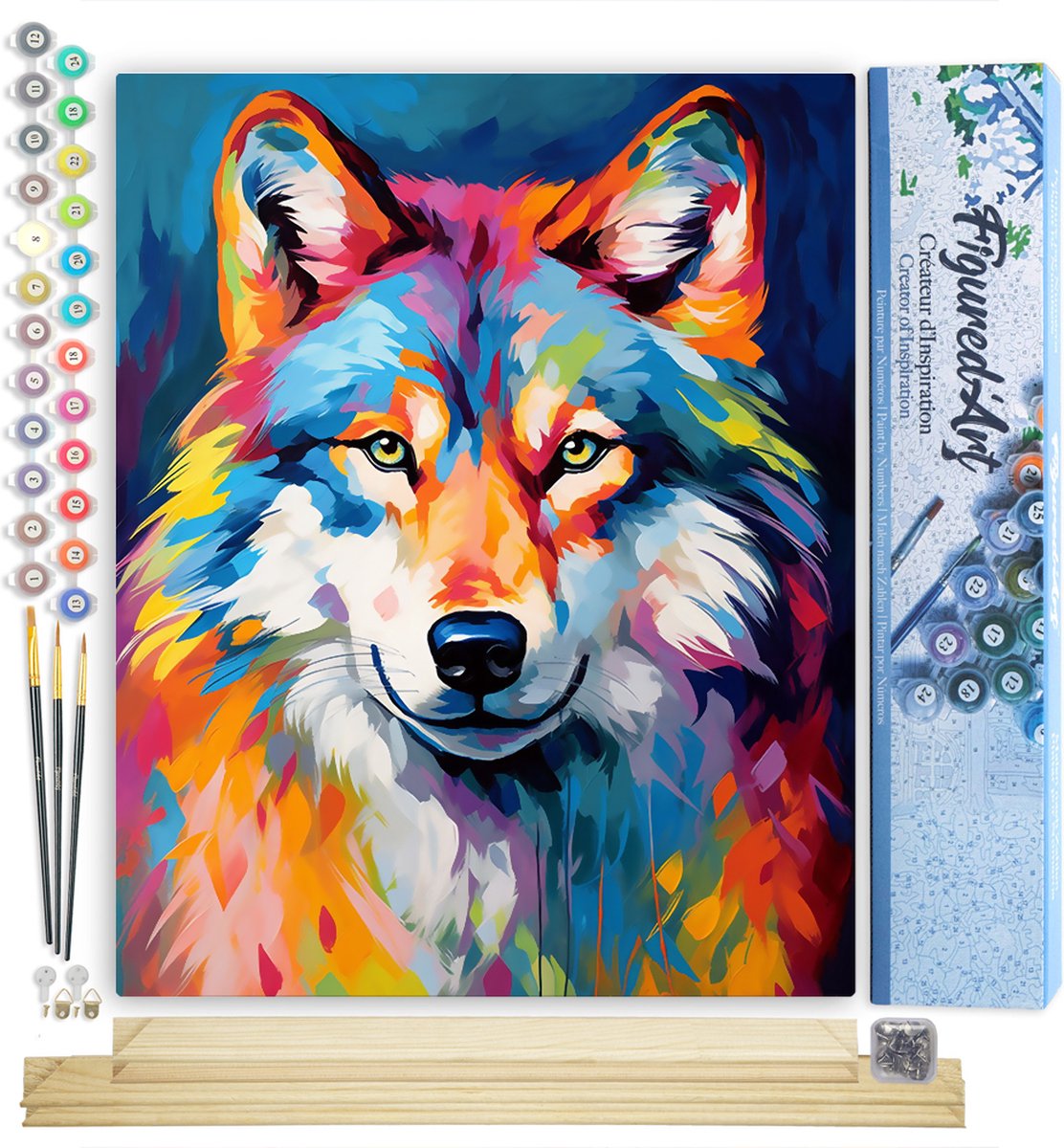 FiguredArt Schilderen op Nummer Volwassenen canvas Kleurrijke Abstracte Wolf- Handwerk acrylverf Kit DIY Compleet - 40x50cm met DIY houten lijst